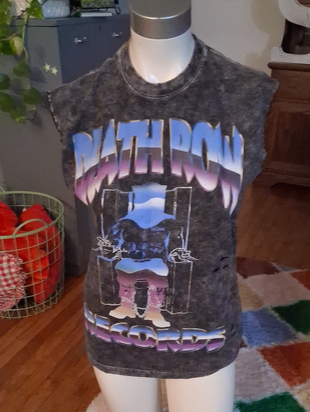 Sleeveless Black Acid-Wash Death Row T Shirt